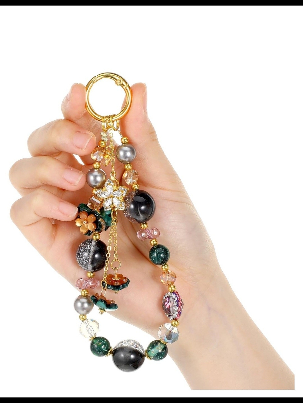 Gold Floral Multi-Bead Charm Keychain - Green, Black & Pink Accents